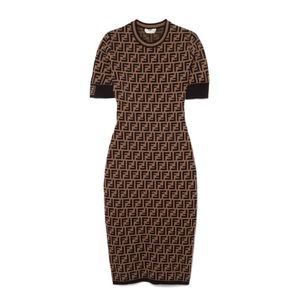 Fendi Logo Brown Black Knit Midi Dress